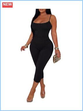 Women 2 Piece Outfit Spaghetti Strap Lace Trim Top Capri Pants Set
